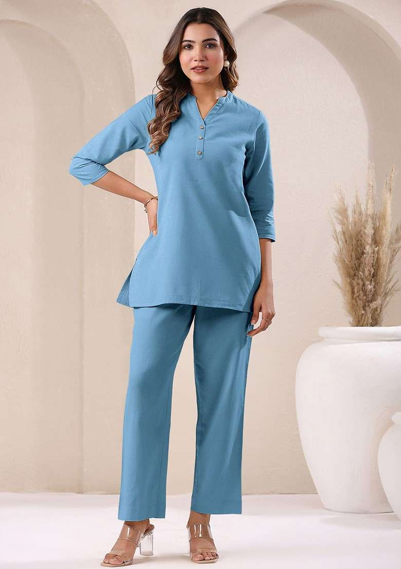 Blue Pure Cotton V Neck Tunic And Trousers Coords - Indya