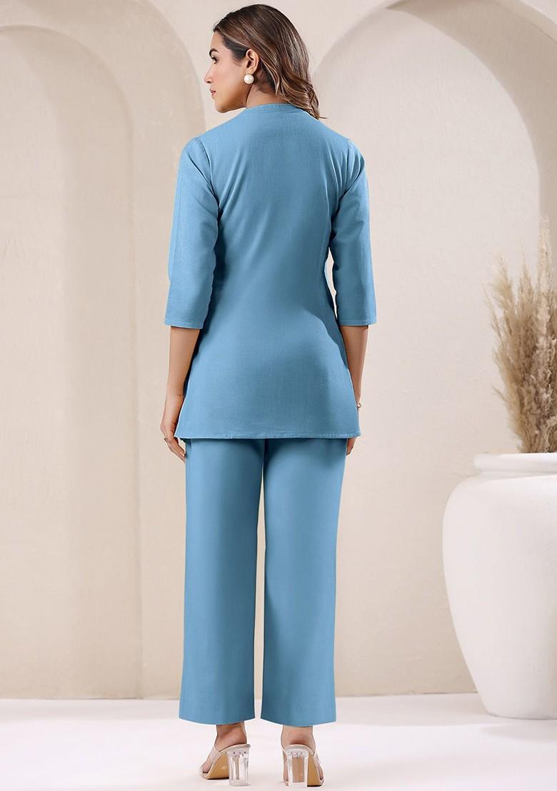 Blue Pure Cotton V Neck Tunic And Trousers Coords