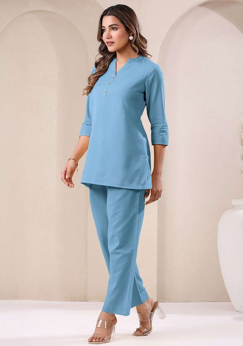Blue Pure Cotton V Neck Tunic And Trousers Coords - Indya