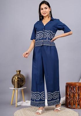 Blue Embroidered Pure Cotton Shirt Collar Neck Top And Palazzo Coords