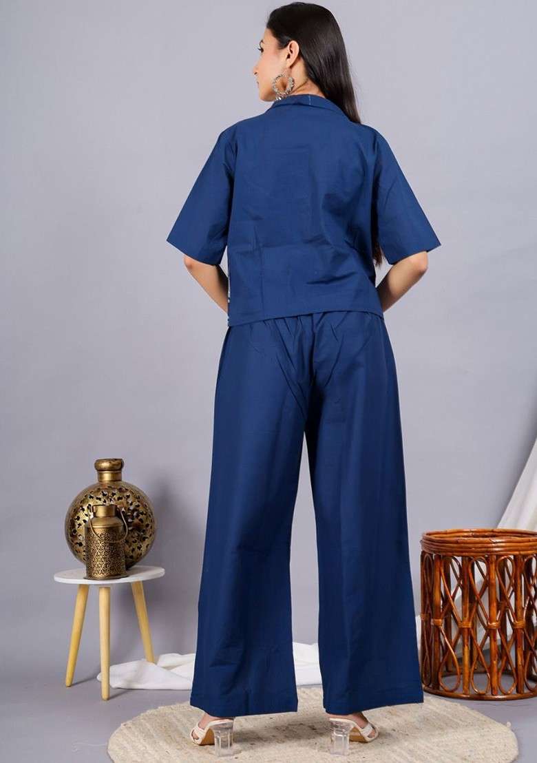 Blue Embroidered Pure Cotton Shirt Collar Neck Top And Palazzo Coords - Indya