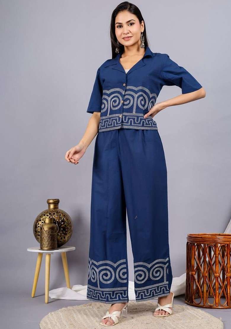 Blue Embroidered Pure Cotton Shirt Collar Neck Top And Palazzo Coords - Indya