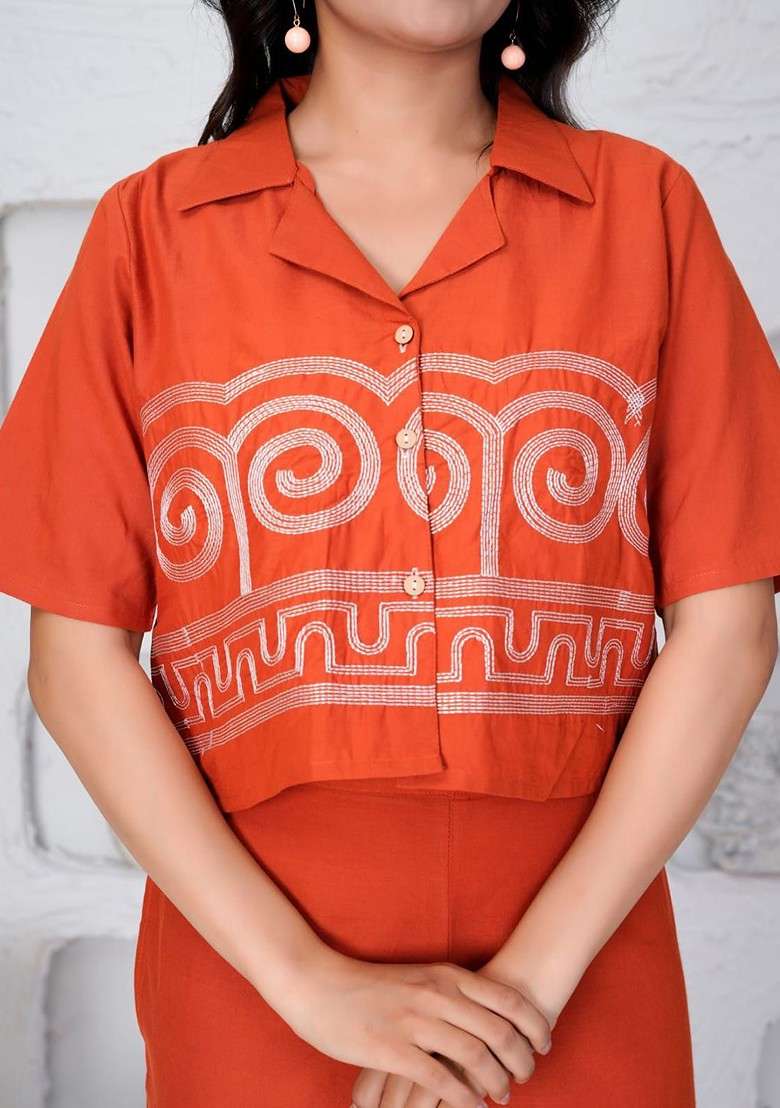 Orange Embroidered Pure Cotton Shirt Collar Neck Top And Palazzo Coords - Indya