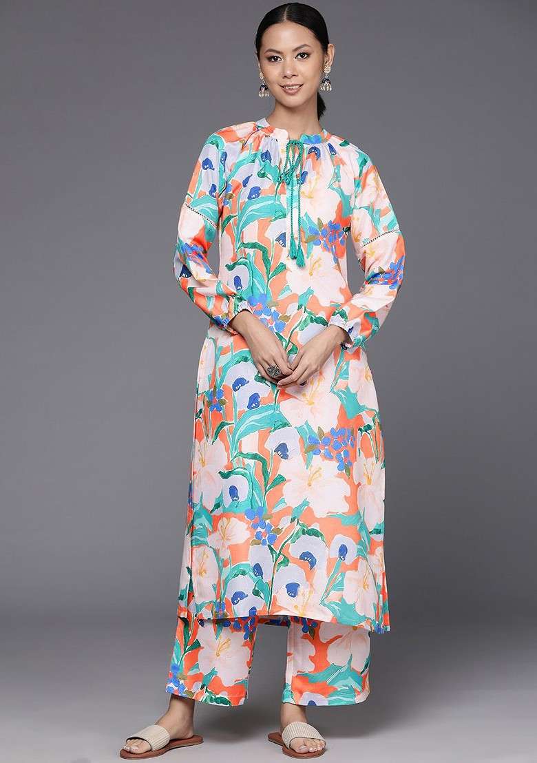 Orange Floral Printed Pure Cotton Straight Kurta With Palazzos - Indya