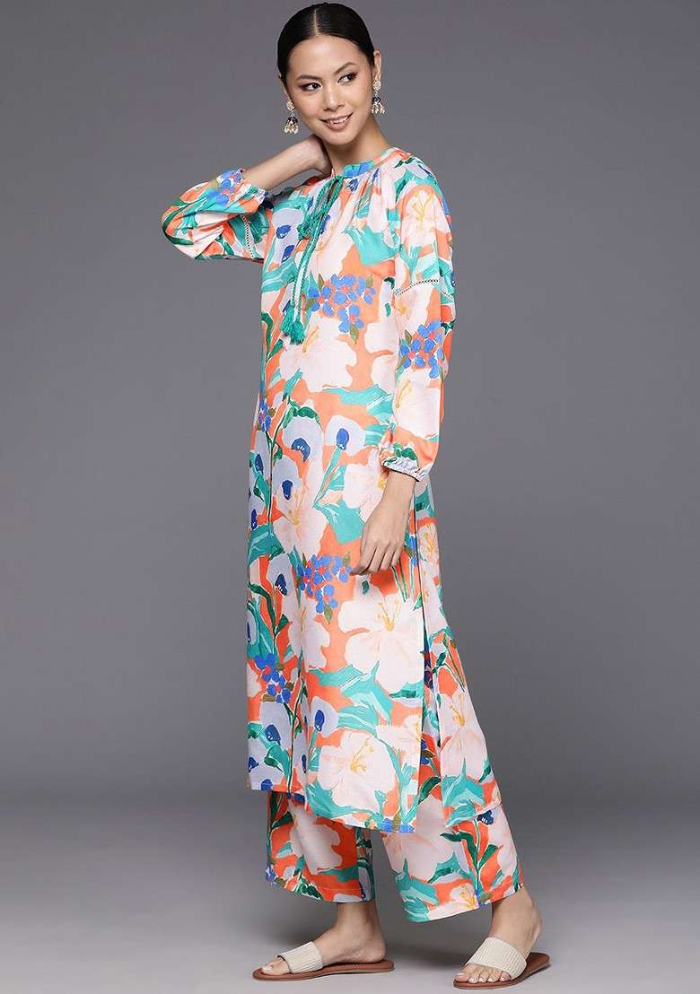 Orange Floral Printed Pure Cotton Straight Kurta With Palazzos - Indya