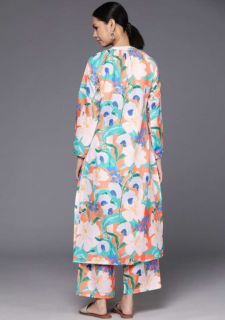 Orange Floral Printed Pure Cotton Straight Kurta With Palazzos - Indya