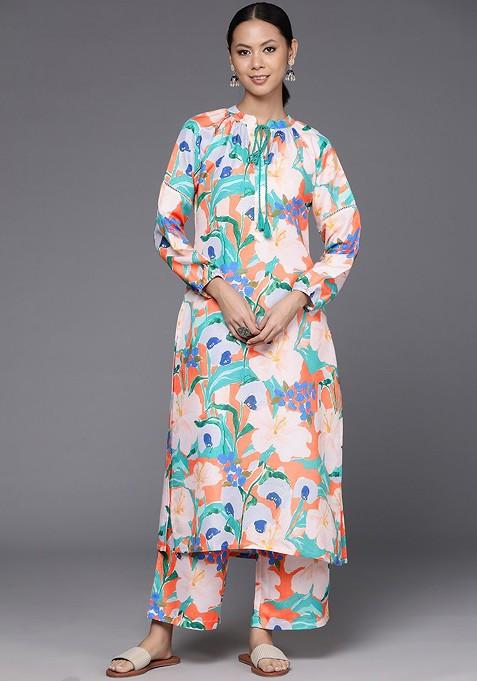 Orange Floral Printed Pure Cotton Straight Kurta With Palazzos — view on Indya