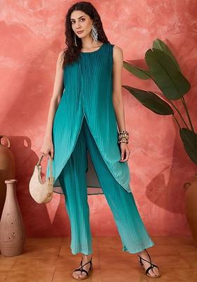 Green Ombre Sleeveless Pleated Wrap Georgette Tunic With Trousers