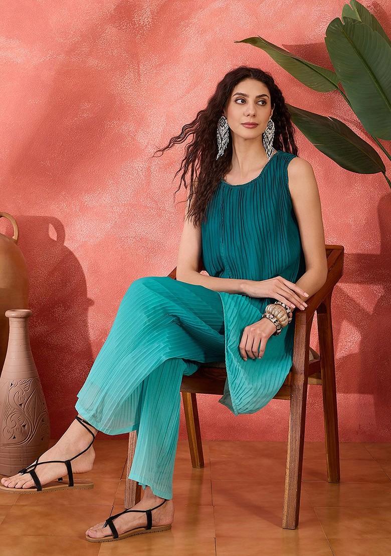 Green Ombre Sleeveless Pleated Wrap Georgette Tunic With Trousers - Indya
