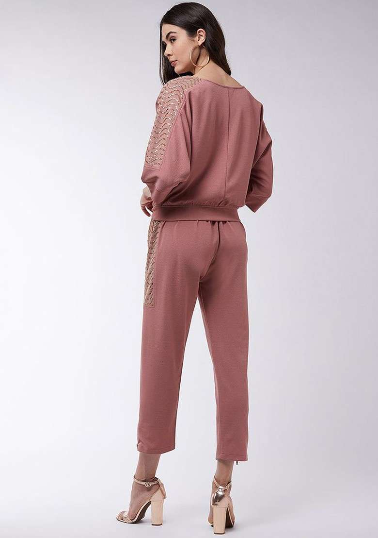 Rose Gold E Llished Boat Neck Top Ith Joggers Coords - Indya