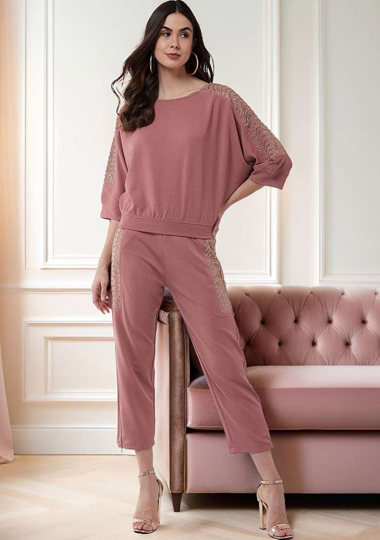 Rose Gold E Llished Boat Neck Top Ith Joggers Coords - Indya
