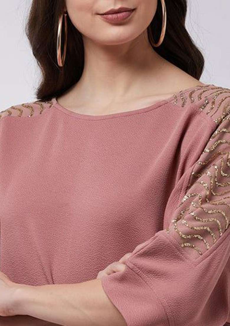 Rose Gold E Llished Boat Neck Top Ith Joggers Coords - Indya