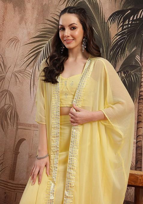 Yellow Ethnic Motifs Foil Print Fitted Crop Top With Harem Pants And Shrug