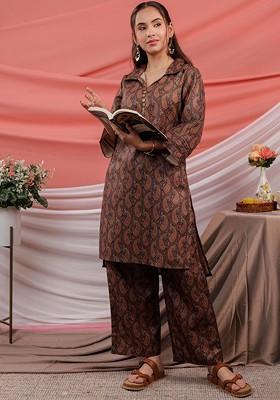 Brown Paisley Printed Shirt Collar Pure Cotton Tunic With Palazzos