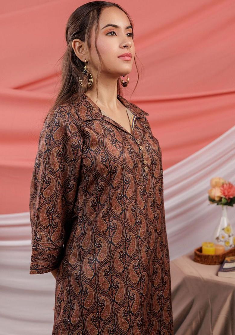 Brown Paisley Printed Shirt Collar Pure Cotton Tunic With Palazzos