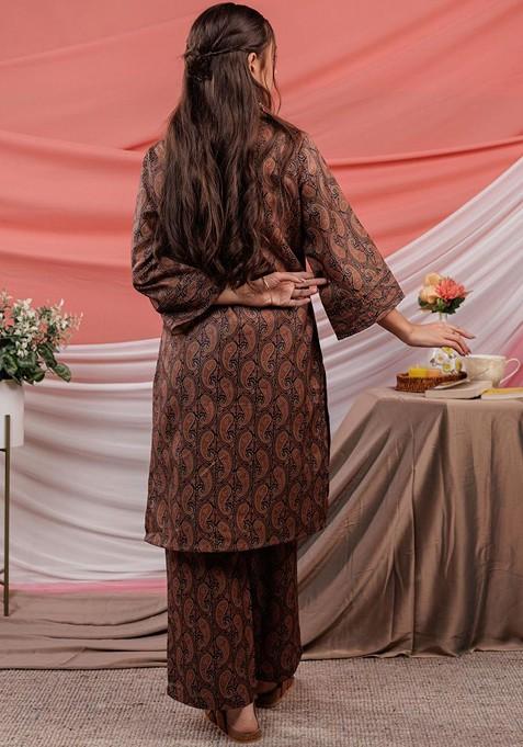 Brown Paisley Printed Shirt Collar Pure Cotton Tunic With Palazzos