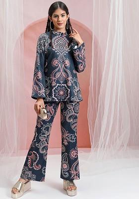 Blue Blue Printed High Neck Tunic With Flared Trouser