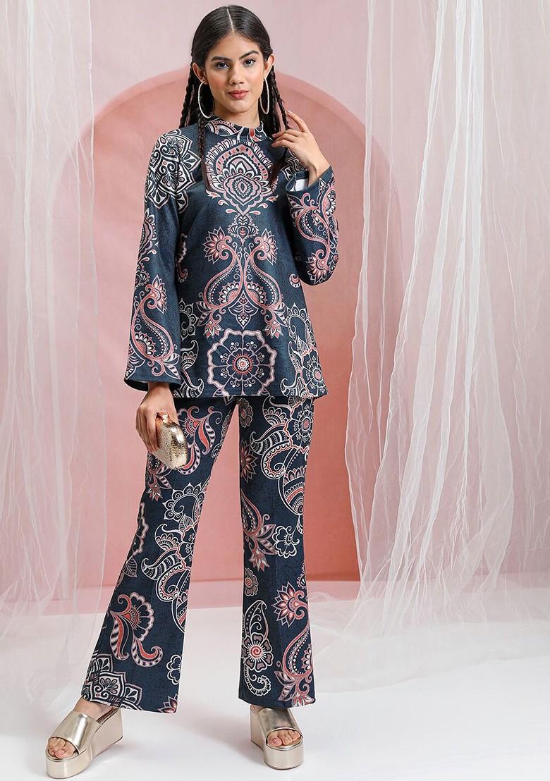 Blue Blue Printed High Neck Tunic With Flared Trouser