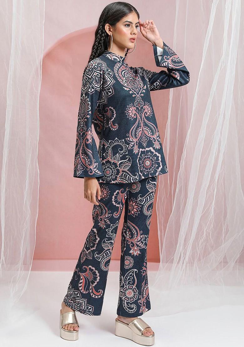 Blue Blue Printed High Neck Tunic With Flared Trouser