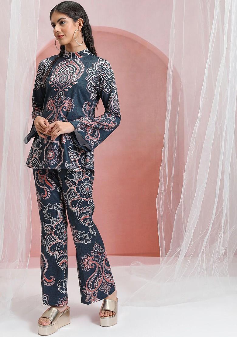 Blue Blue Printed High Neck Tunic With Flared Trouser