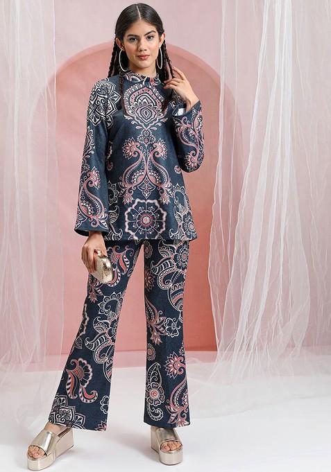 Blue Blue Printed High Neck Tunic With Flared Trouser