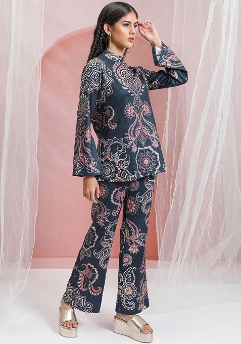 Blue Blue Printed High Neck Tunic With Flared Trouser