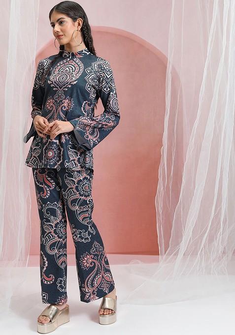 Blue Blue Printed High Neck Tunic With Flared Trouser