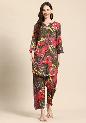 Green Floral Printed Tunic With Trousers