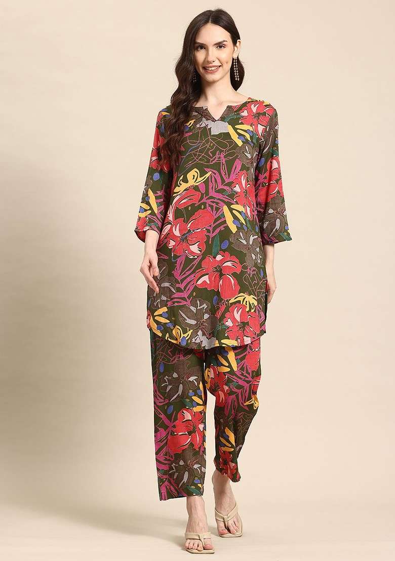 Green Floral Printed Tunic With Trousers - Indya