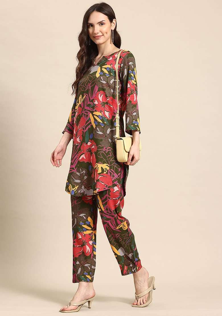Green Floral Printed Tunic With Trousers - Indya