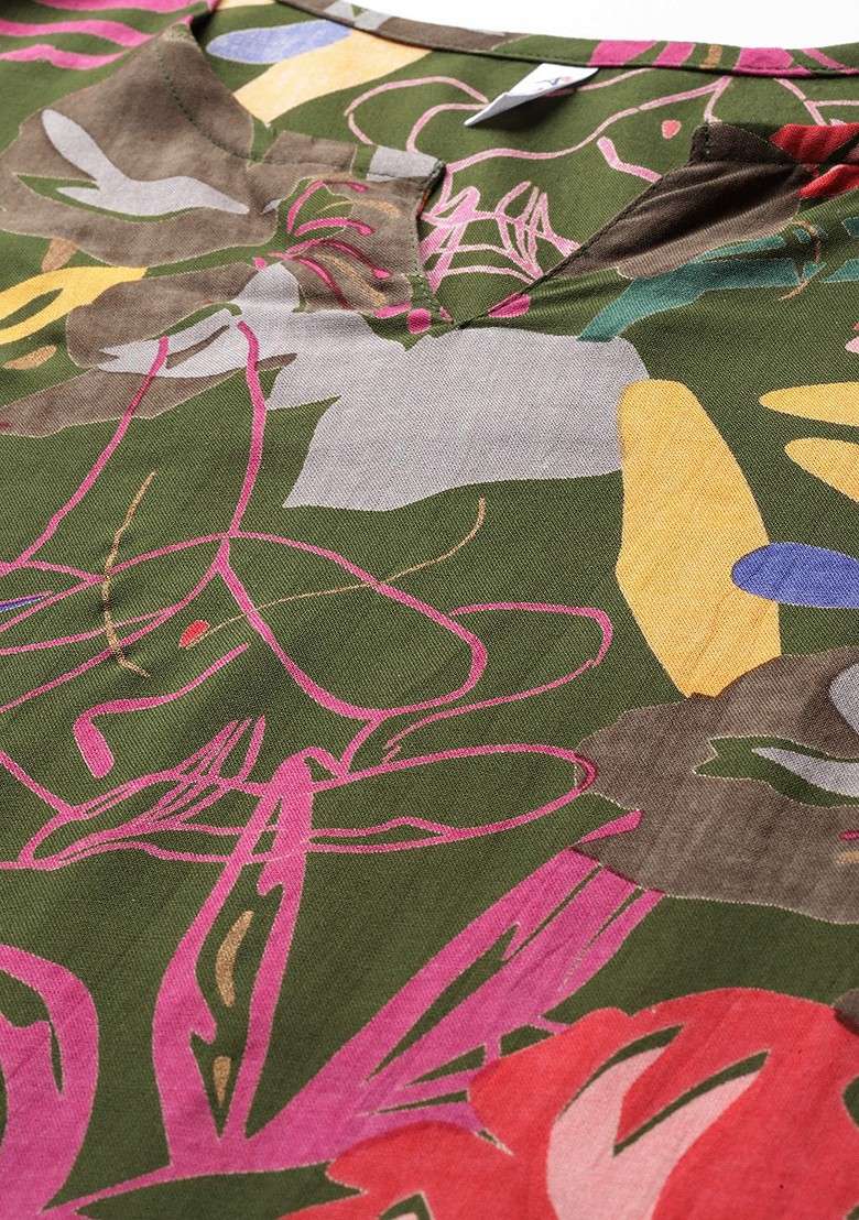 Green Floral Printed Tunic With Trousers - Indya