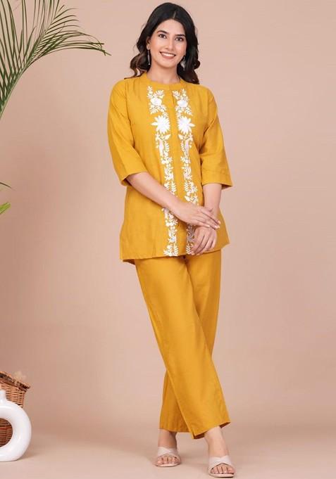 Yellow Ethnic Motifs Embroidered Thread Work Top With Trousers