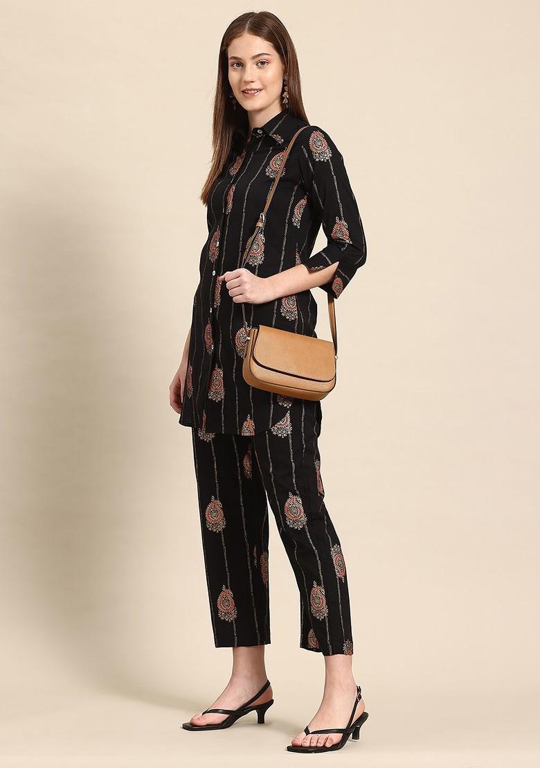 Black Ethnic Motifs Printed Cotton Shirt With Trousers