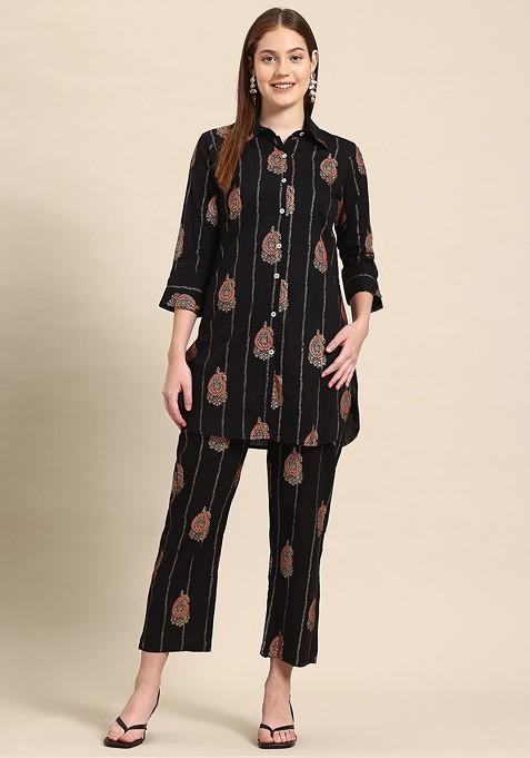 Black Ethnic Motifs Printed Cotton Shirt With Trousers