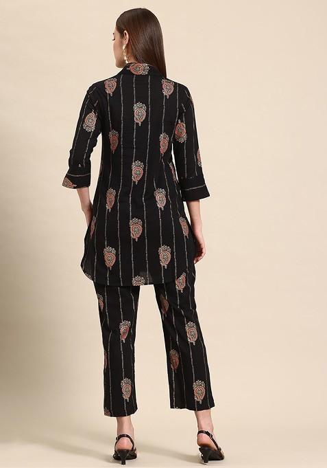 Black Ethnic Motifs Printed Cotton Shirt With Trousers
