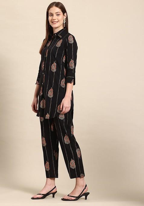 Black Ethnic Motifs Printed Cotton Shirt With Trousers