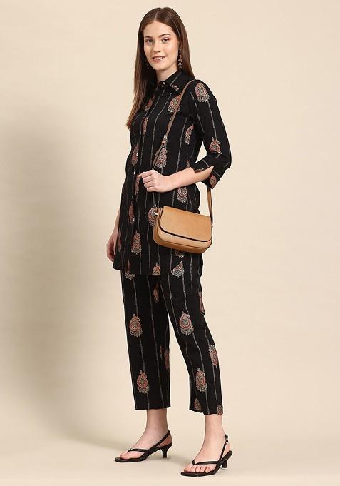 Black Ethnic Motifs Printed Cotton Shirt With Trousers