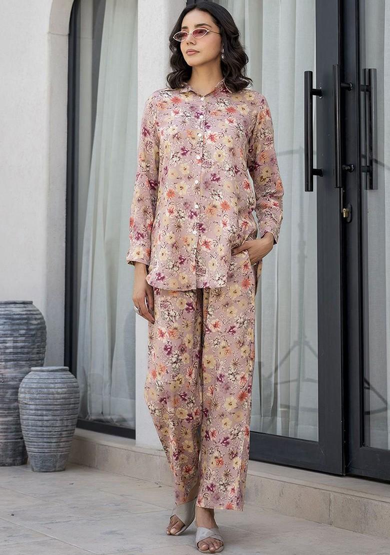 Purple Printed Long Cuffed Sleeves Shirt With Trousers