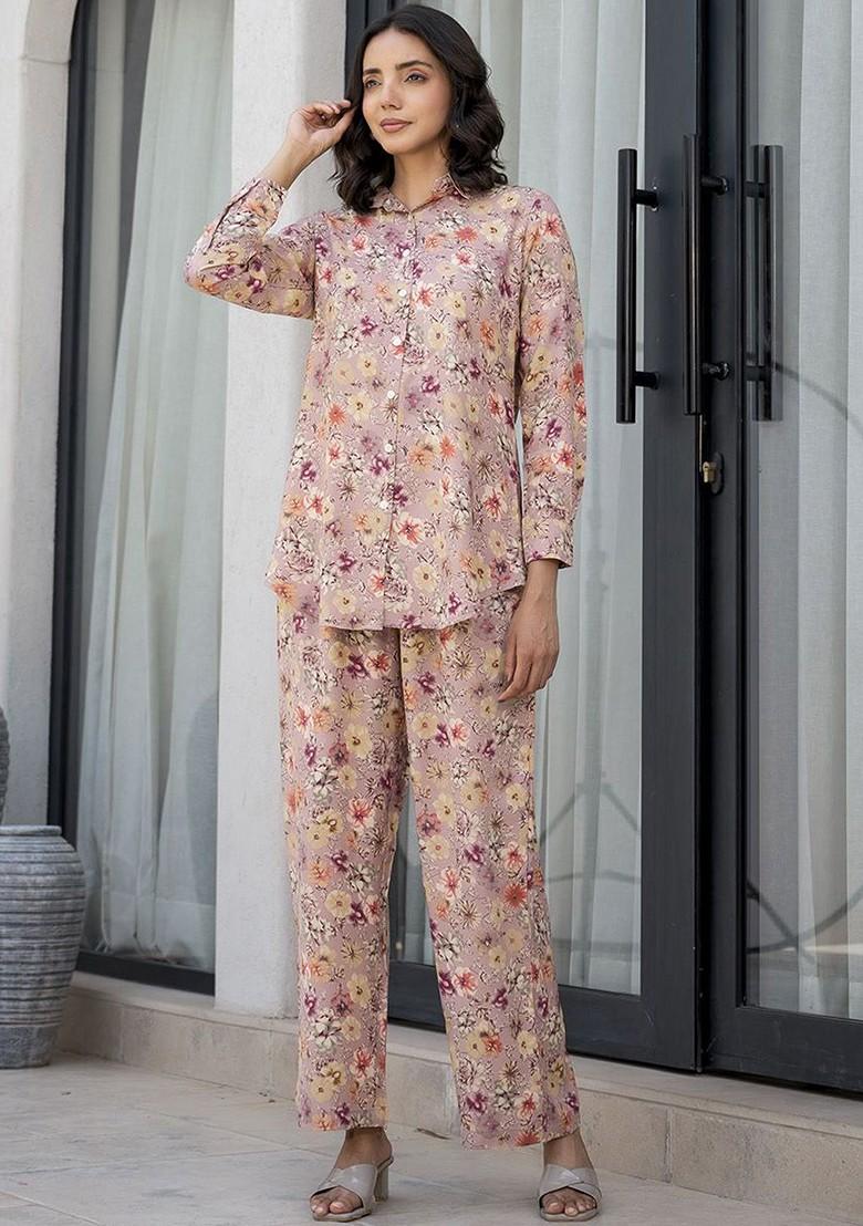 Purple Printed Long Cuffed Sleeves Shirt With Trousers