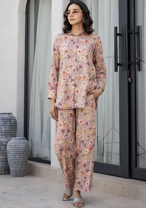 Purple Printed Long Cuffed Sleeves Shirt With Trousers