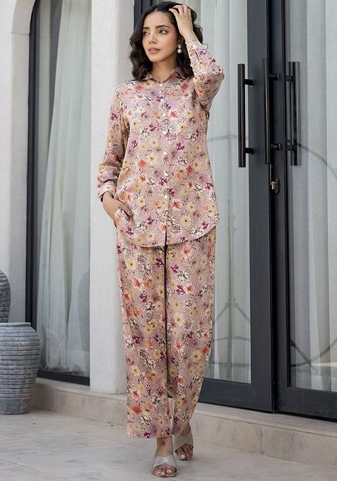 Purple Printed Long Cuffed Sleeves Shirt With Trousers