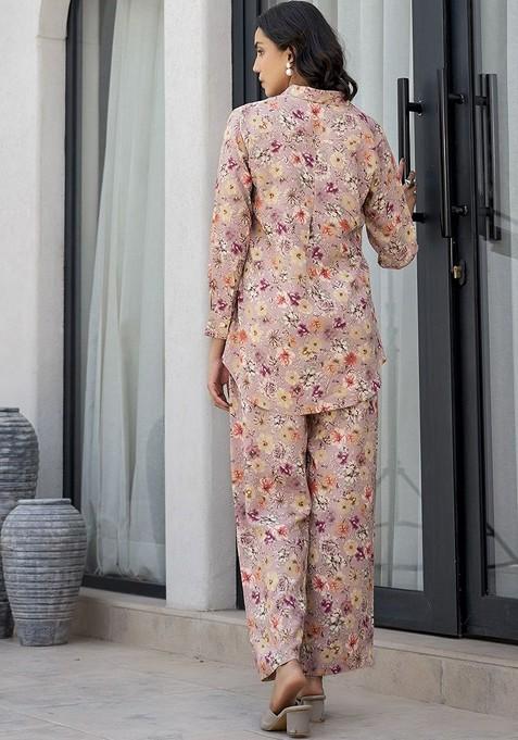 Purple Printed Long Cuffed Sleeves Shirt With Trousers