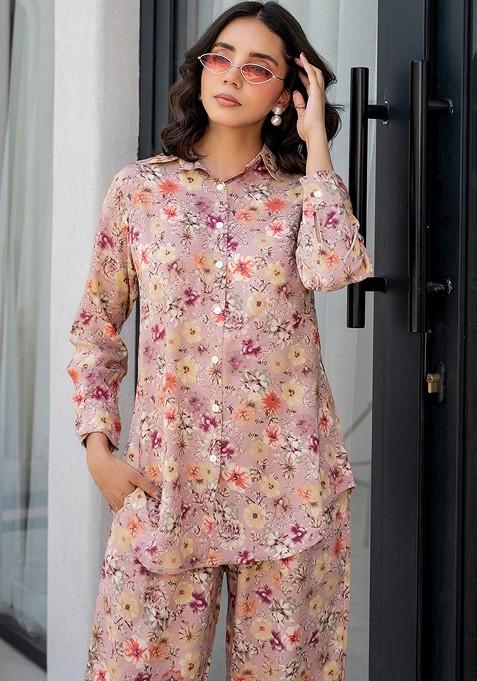 Purple Printed Long Cuffed Sleeves Shirt With Trousers