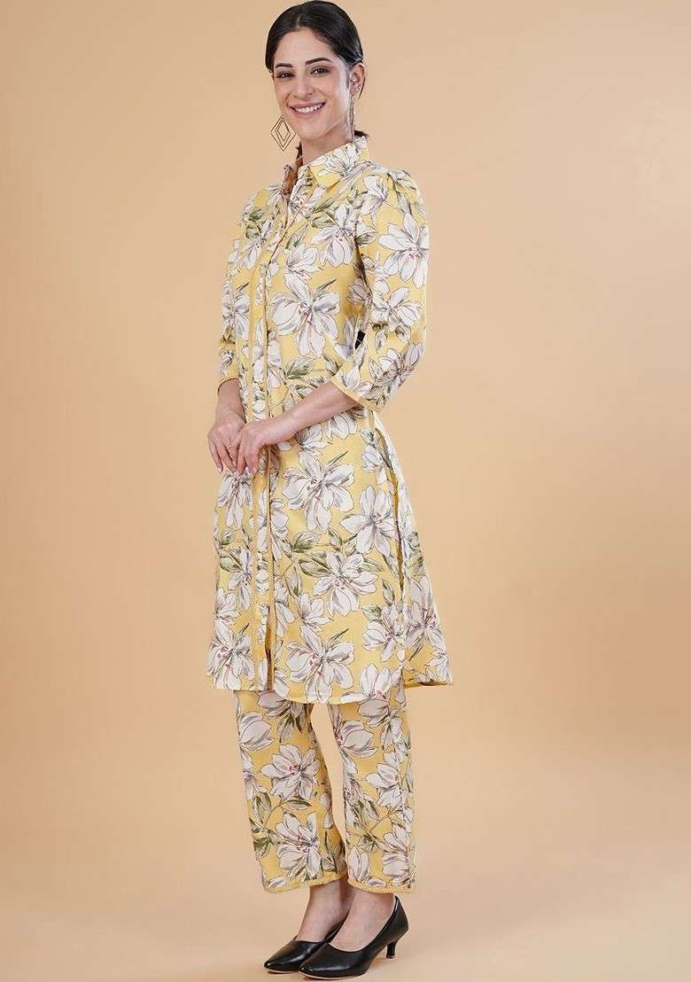 Yellow Floral Printed Regular Pure Cotton Kurta With Palazzos - Indya