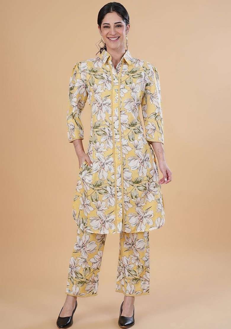 Yellow Floral Printed Regular Pure Cotton Kurta With Palazzos - Indya