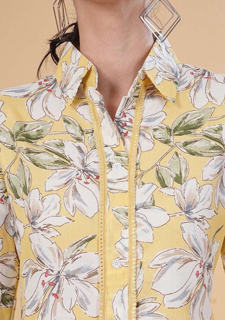 Yellow Floral Printed Regular Pure Cotton Kurta With Palazzos - Indya