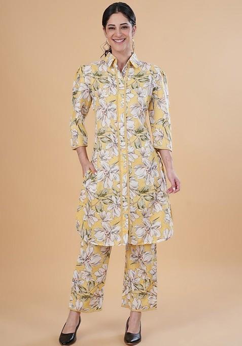 Yellow Floral Printed Regular Pure Cotton Kurta With Palazzos — view on Indya