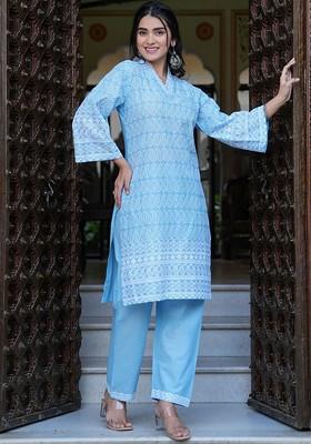 Blue Omen Paisley Embroidered Regular Pure Cotton Kurta Ith Palazzos