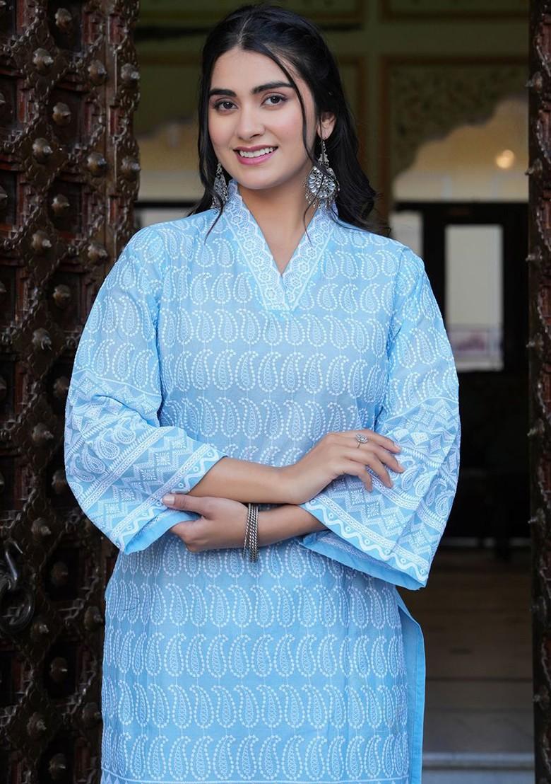 Blue Omen Paisley Embroidered Regular Pure Cotton Kurta Ith Palazzos - Indya