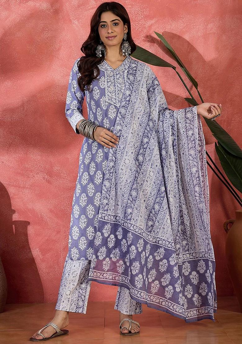 Blue Women Floral Printed Cotton Kurta With Trousers And Dupatta